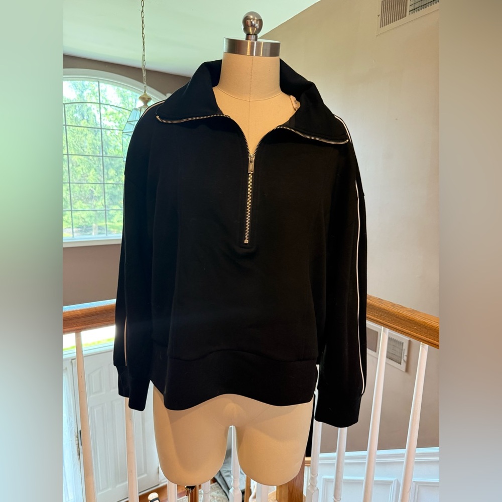 NWT- Elie by Tahari- Black Half-Zip Sweater with white pinstripe detailing- XL